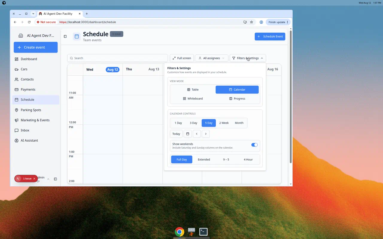 Filters & Settings panel open showing view mode options (Table, Calendar, Whiteboard, Progress), calendar range buttons (1 Day, 3 Day, 5 Day, 2 Week, Month), and visible hours options (Full Day, Extended, 9-5, 4 Hour)