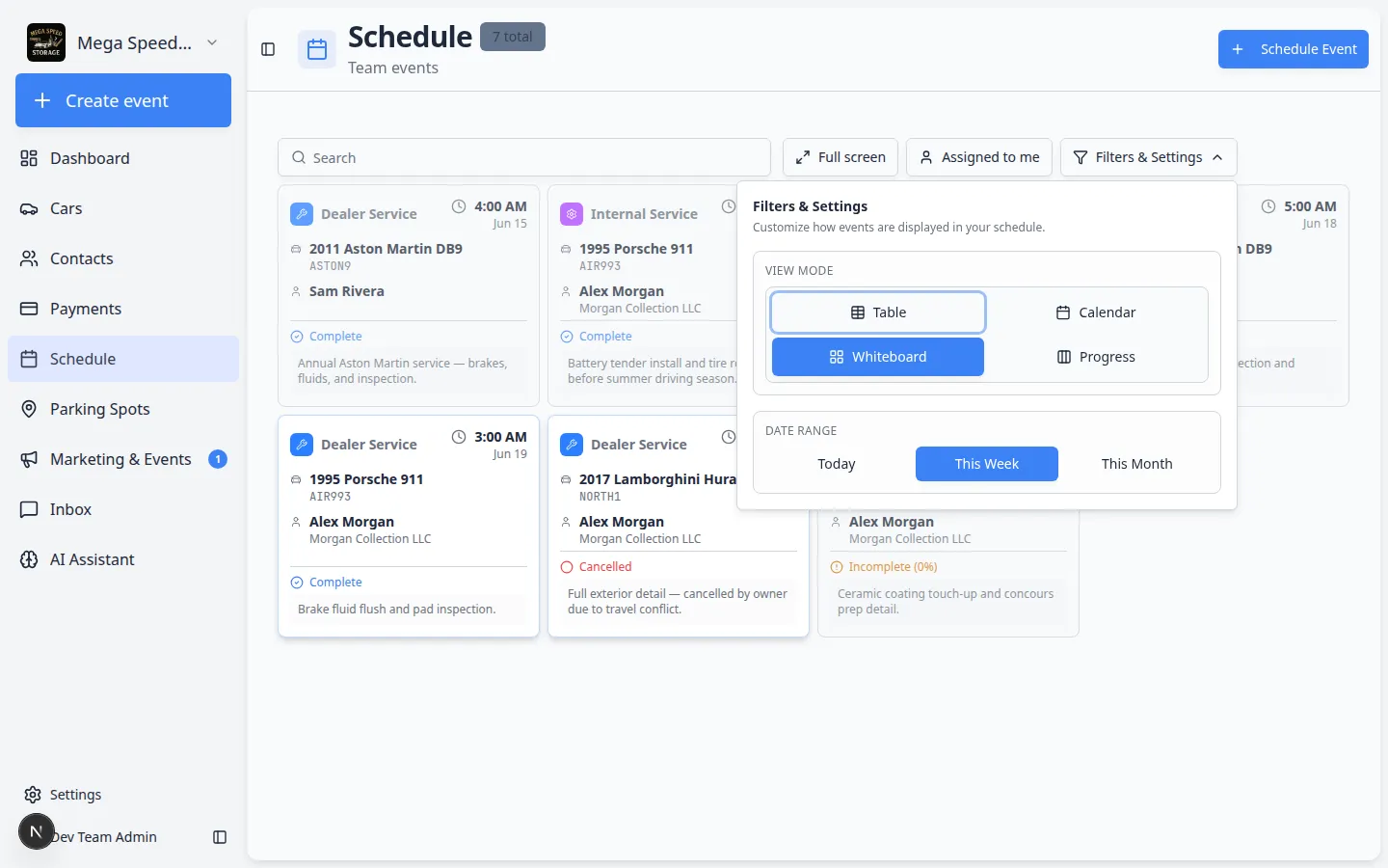 Filters & Settings panel open, showing view mode choices (Table, Calendar, Whiteboard, Progress) and calendar display options like 1 Day, 3 Day, 5 Day, Month, and time range settings