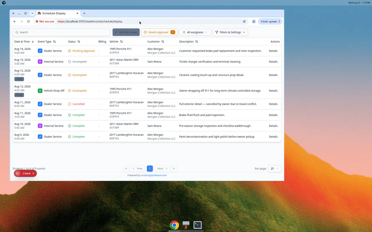 Full-screen schedule display showing a large calendar with today's events and no dashboard sidebar