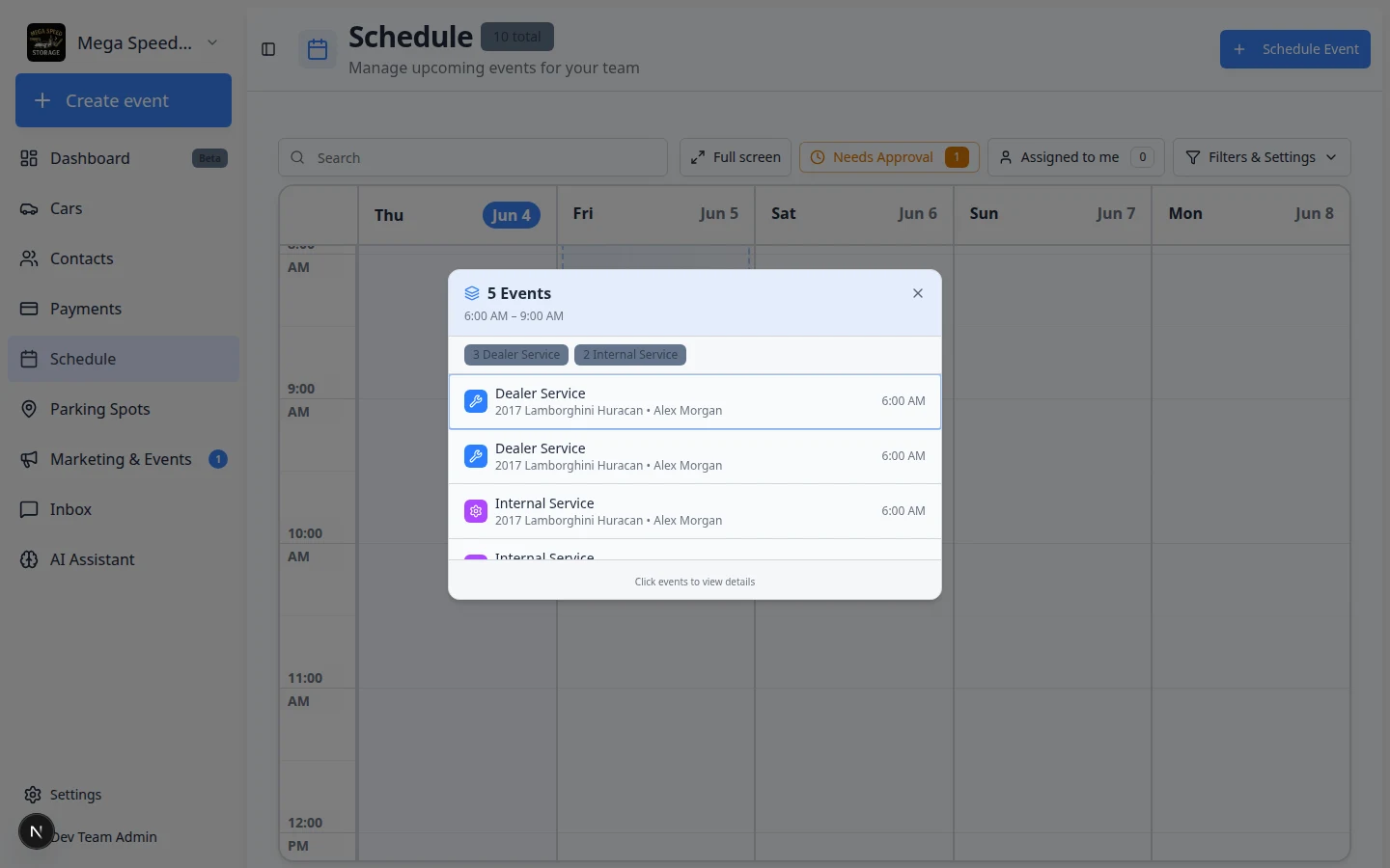 Grouped events dialog listing multiple appointments that share the same busy time slot on the calendar
