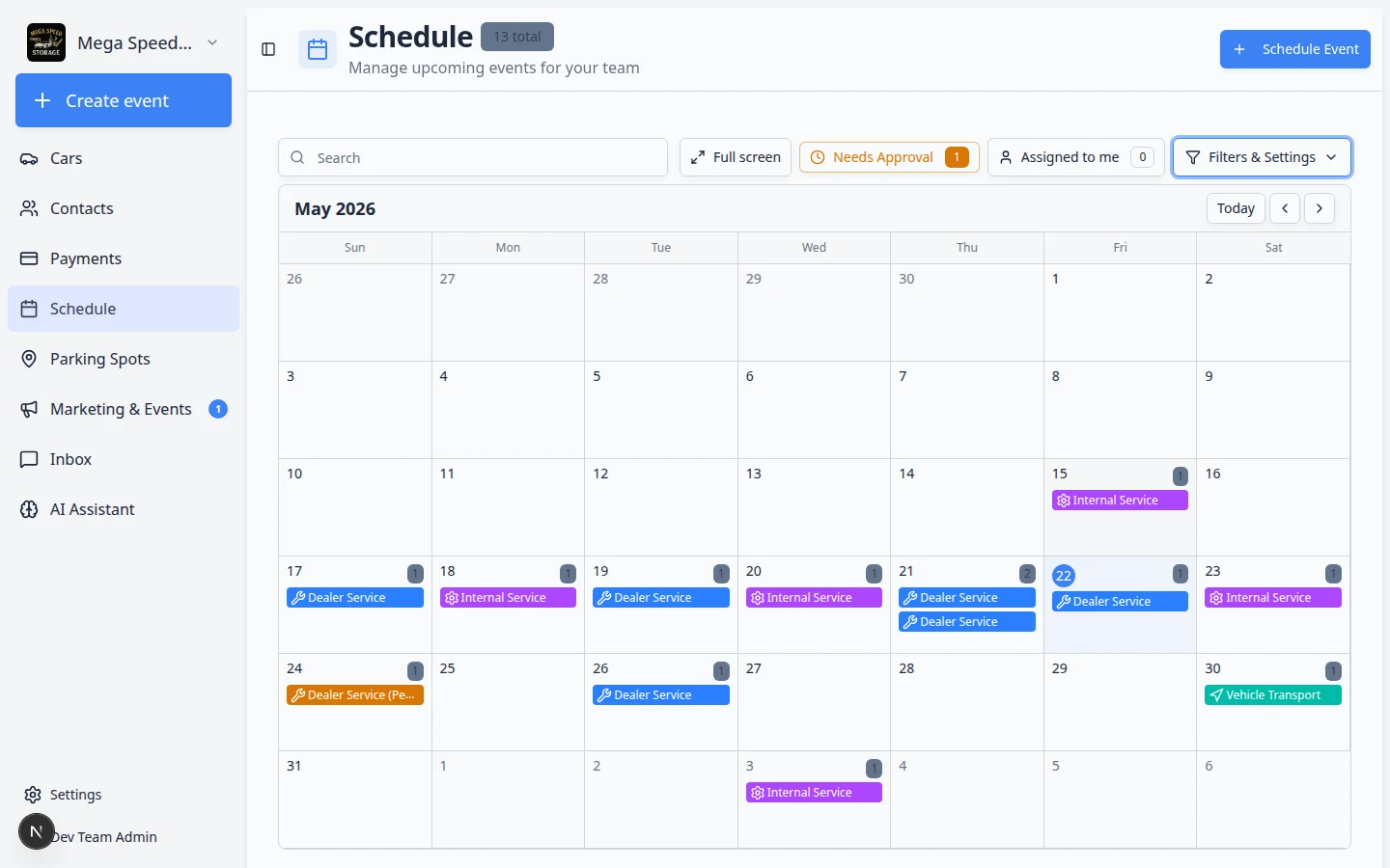 Schedule Month view showing a calendar grid with events on multiple days