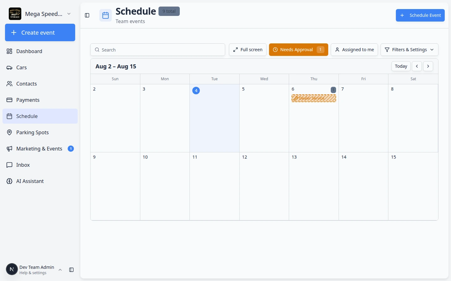 Schedule page with Needs Approval filter active and pending booking requests highlighted