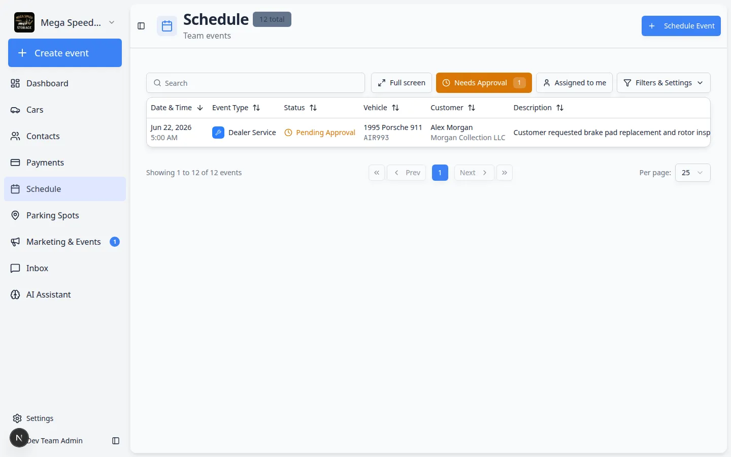 Schedule page with Needs Approval filter active showing pending customer booking requests highlighted on the calendar