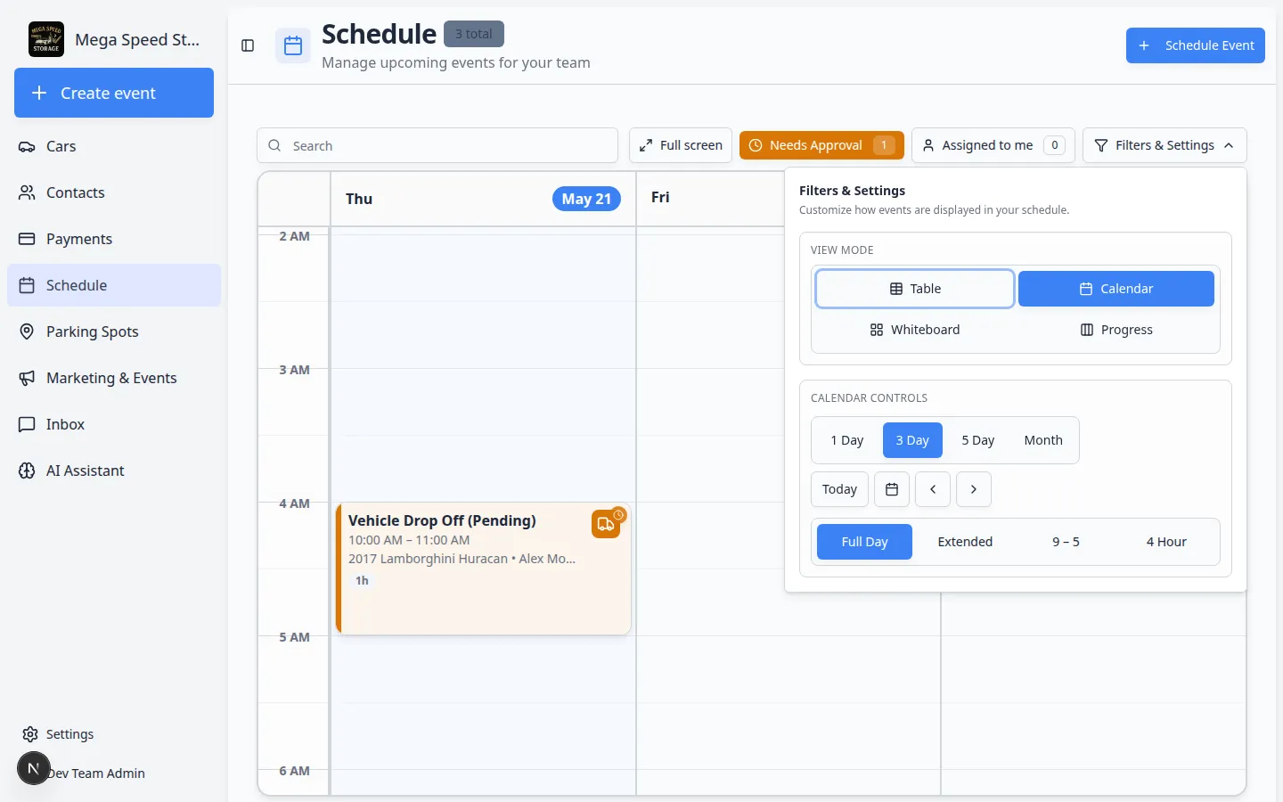 Schedule page with Needs Approval filter active and pending booking requests highlighted