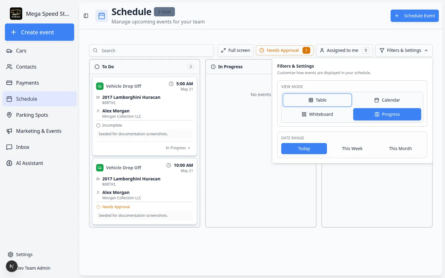 Progress view showing a kanban-style board with columns for To Do and In Progress, with event cards showing vehicle names, customers, times, and status badges