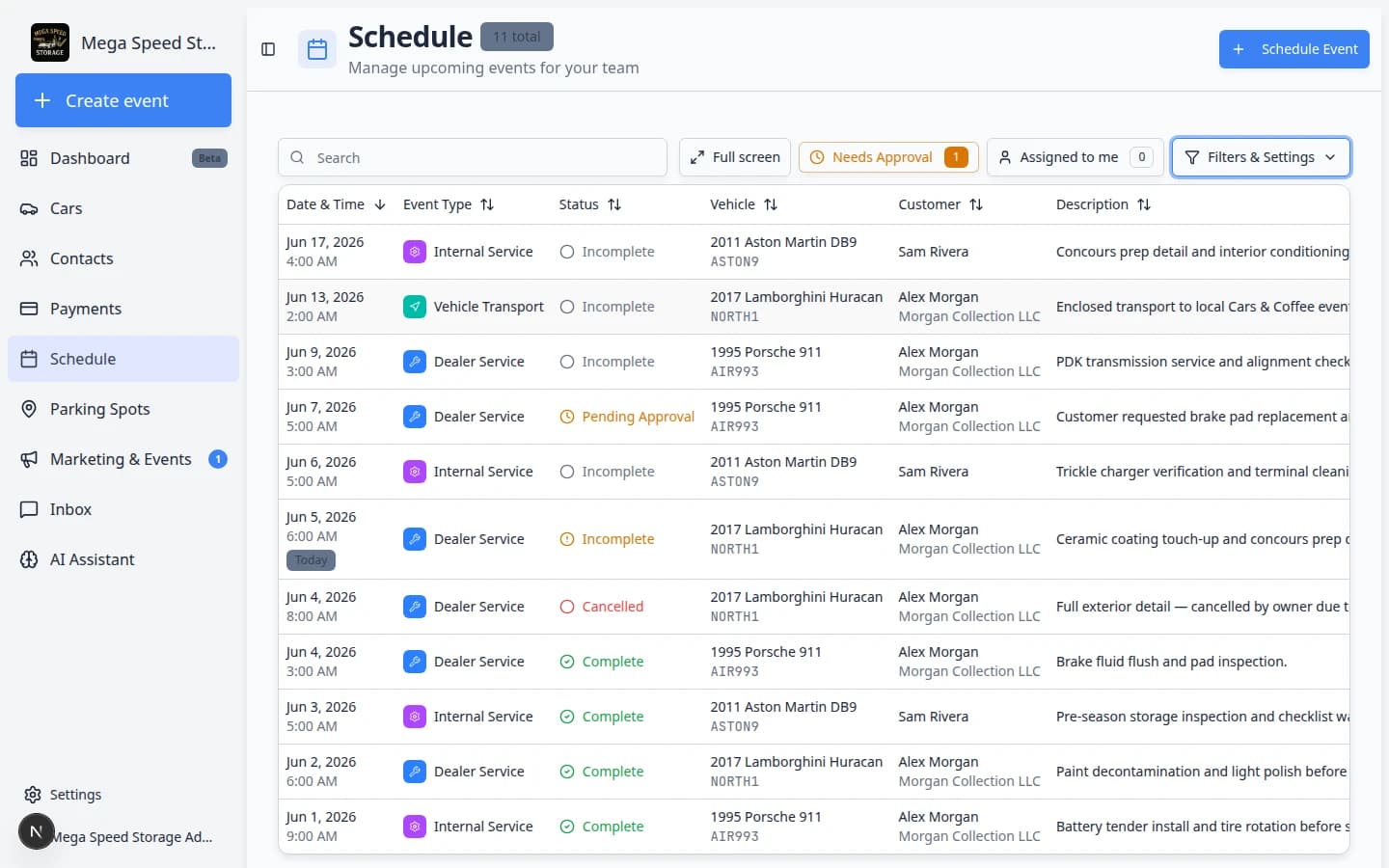 Schedule Table view showing sortable columns for date and time, event type, status, vehicle, customer, and description with color-coded event type badges
