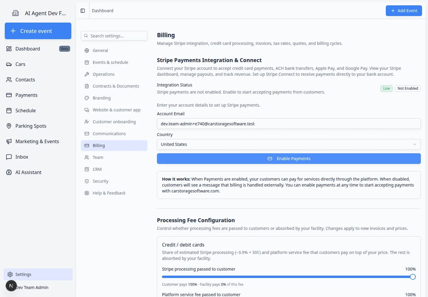 Billing settings page showing Stripe Payments Integration, processing fee settings, statement billing, invoice configuration, tax rates, and quote settings