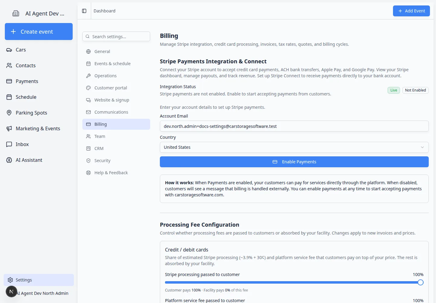 Billing settings page showing Stripe Payments Integration, processing fee settings, statement billing, invoice configuration, tax rates, and quote settings