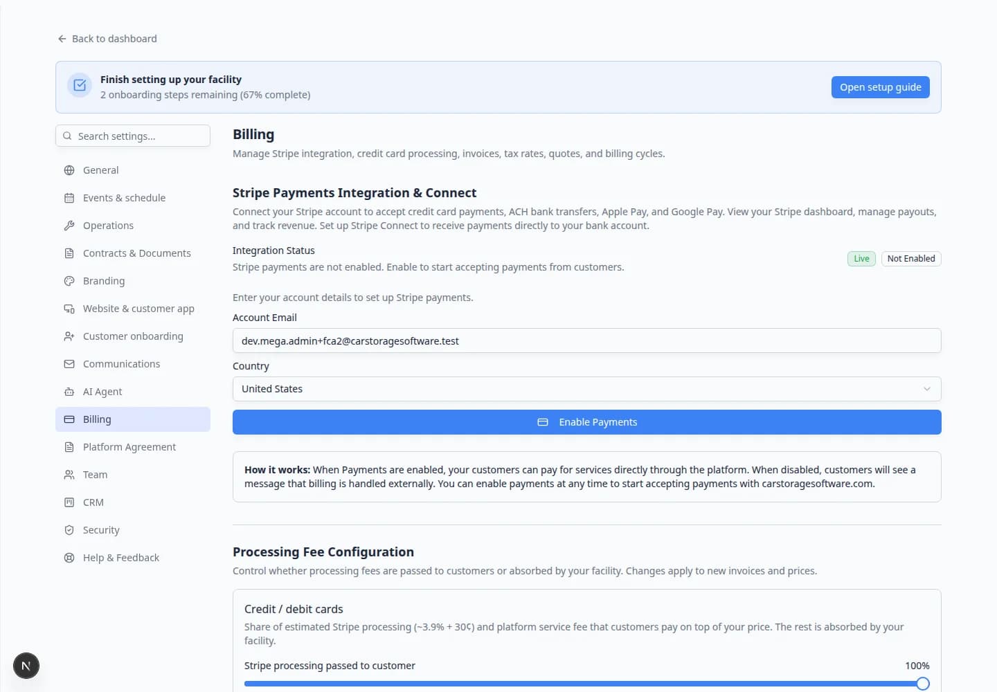 Billing settings Quotes Estimates and Proposals section showing Enable Quotes toggle