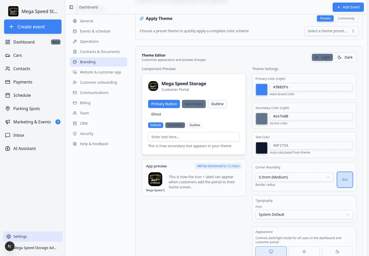 Branding settings scrolled to Theme Customization showing color pickers and theme preset options