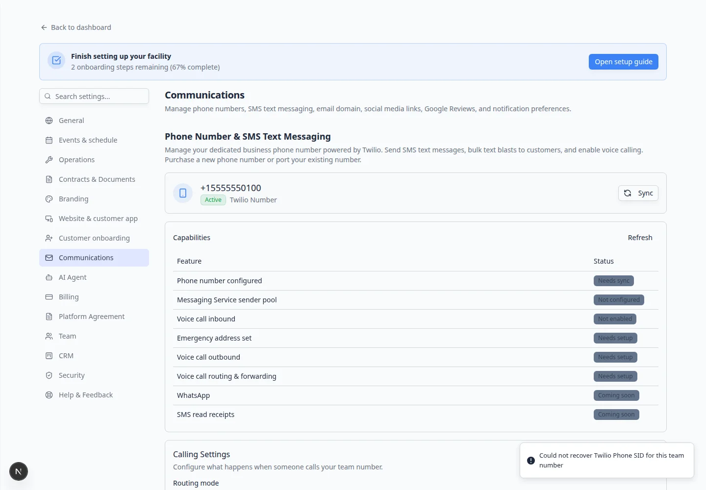 Communications settings page scrolled to Email Domain and Deliverability Settings