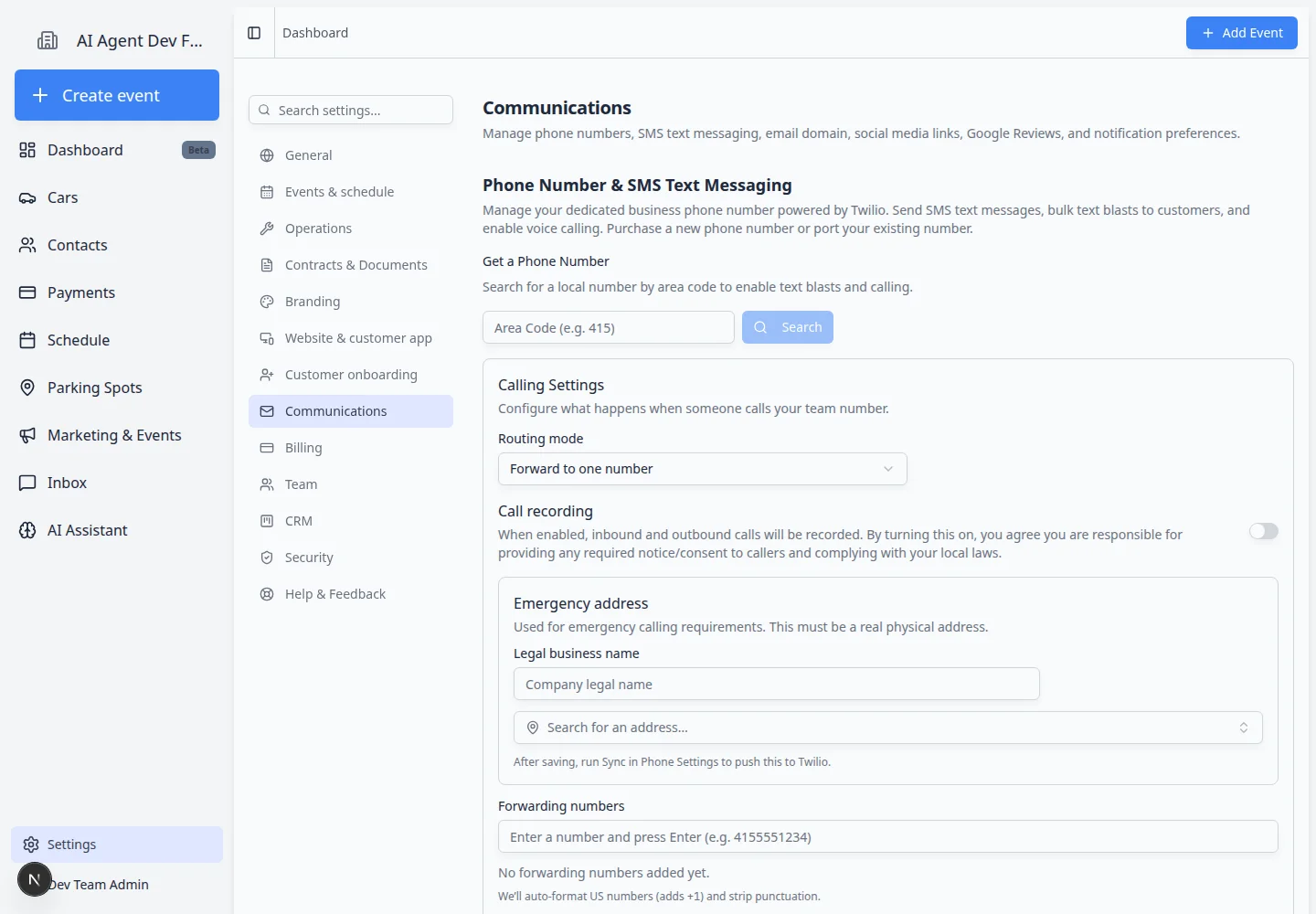 Communications settings page showing phone number and SMS, email domain, social media links, Google Reviews, and notifications