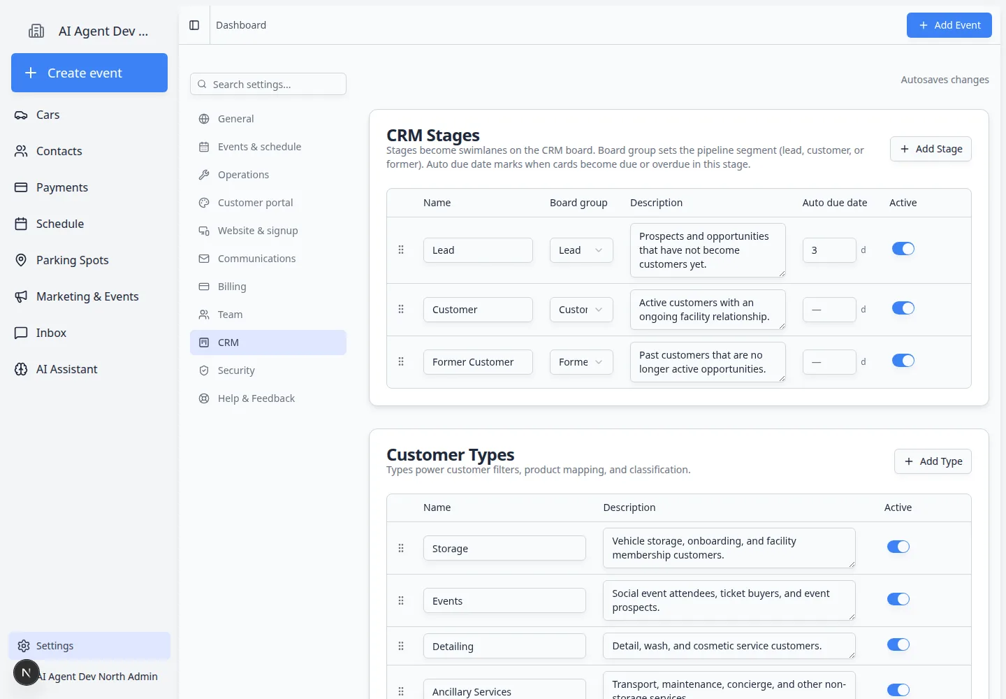 CRM settings page showing CRM Stages, Customer Types, and CRM Sources tables