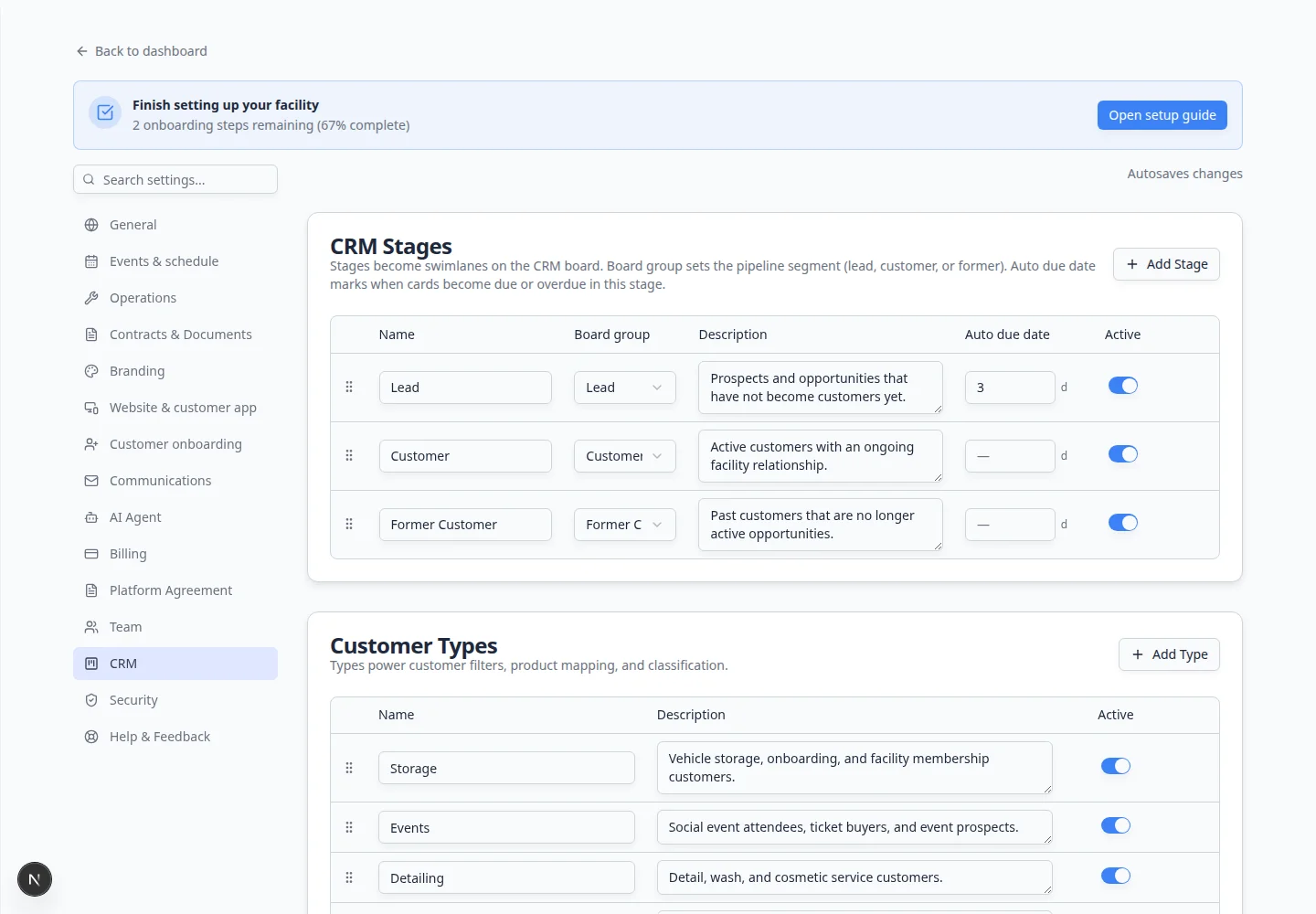 CRM settings page focused on CRM Stages table with stage names, board groups, auto due dates, and active toggles
