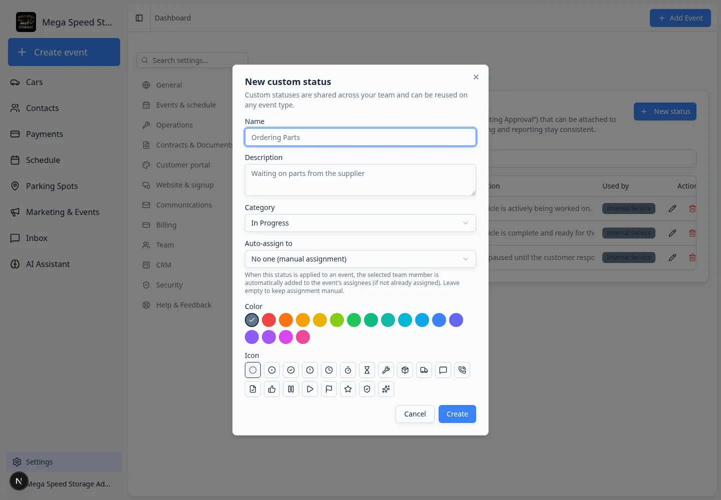 New custom status window with name, description, category, auto-assign user, color, and icon choices