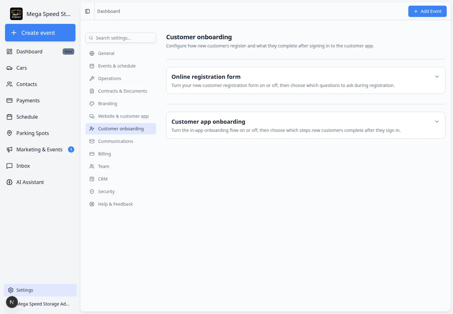 Customer onboarding settings with Configure panel open to select required contract templates such as Car Storage Agreement