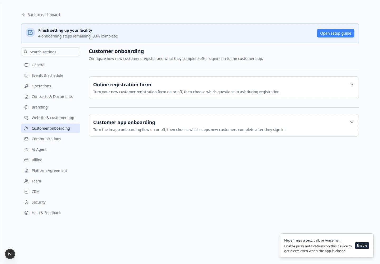 Customer onboarding Configure panel for Payment showing options to collect a card on file or require a product purchase