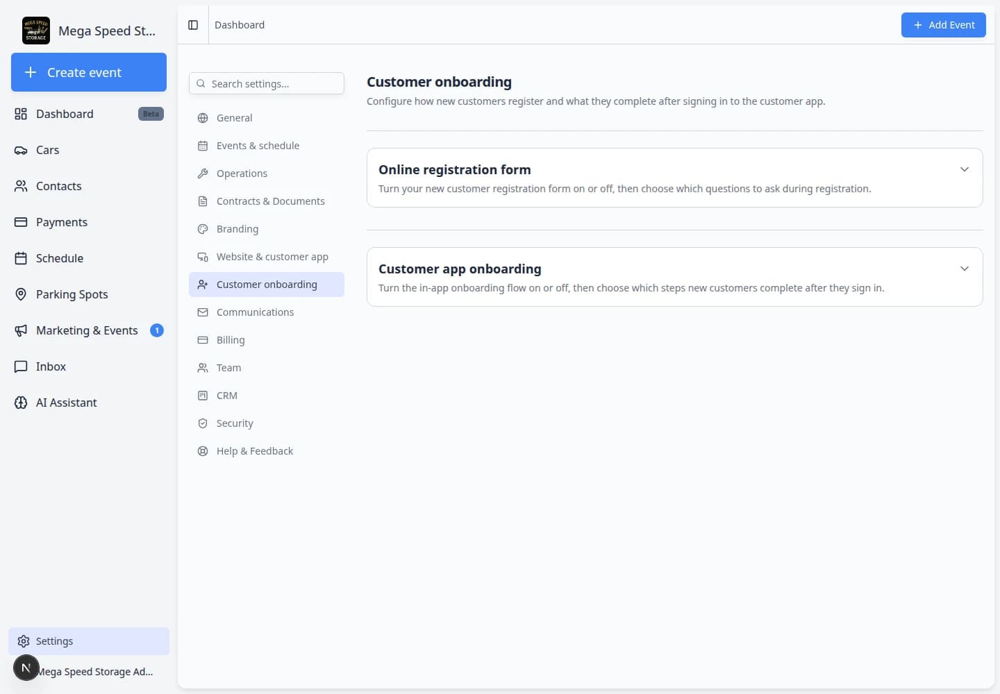 Customer onboarding settings page showing Online registration form section with enable toggle and registration cards list
