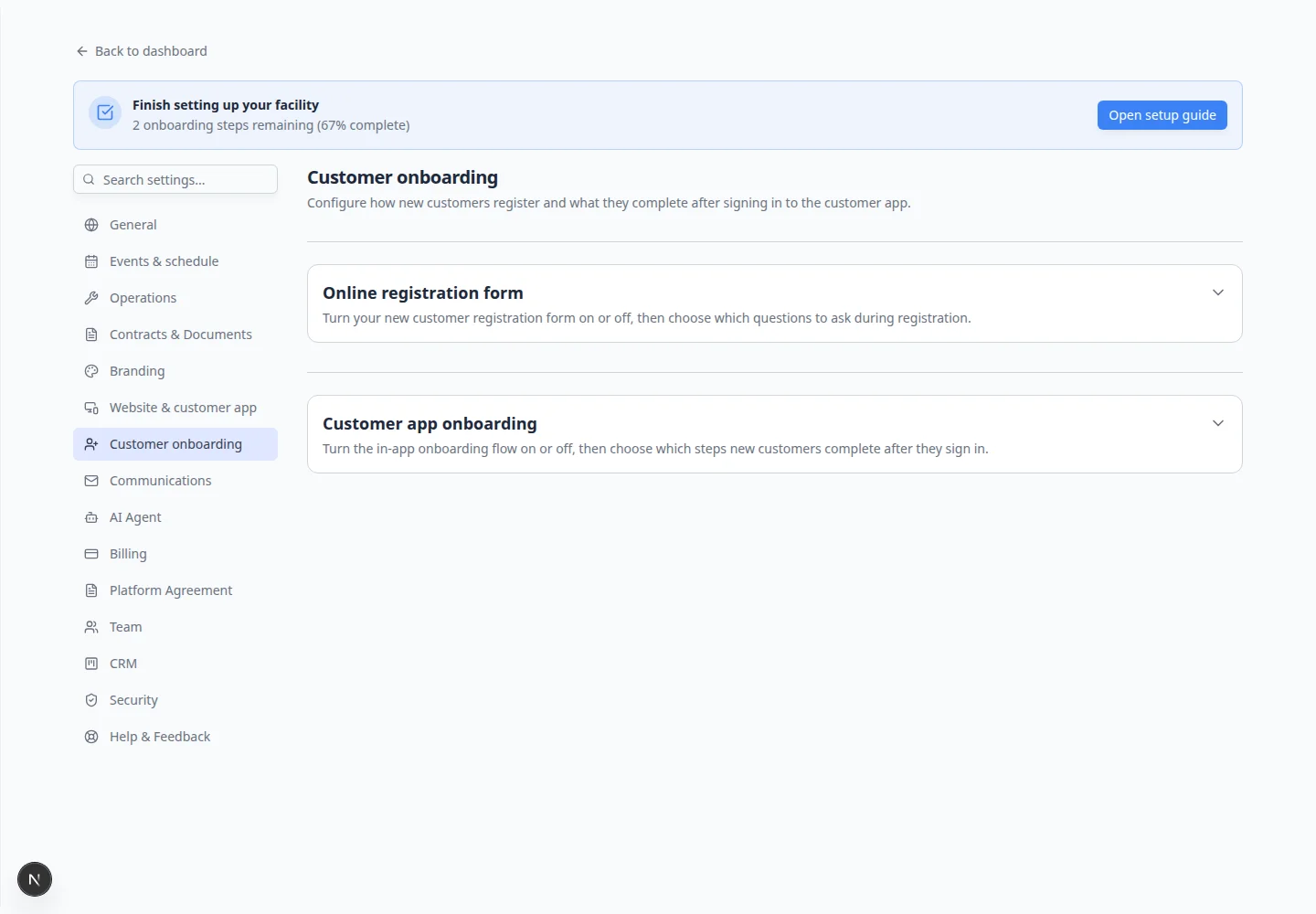 Online registration form section showing draggable cards for Your Information, Vehicle Information, Payment, and Documents with enable toggles