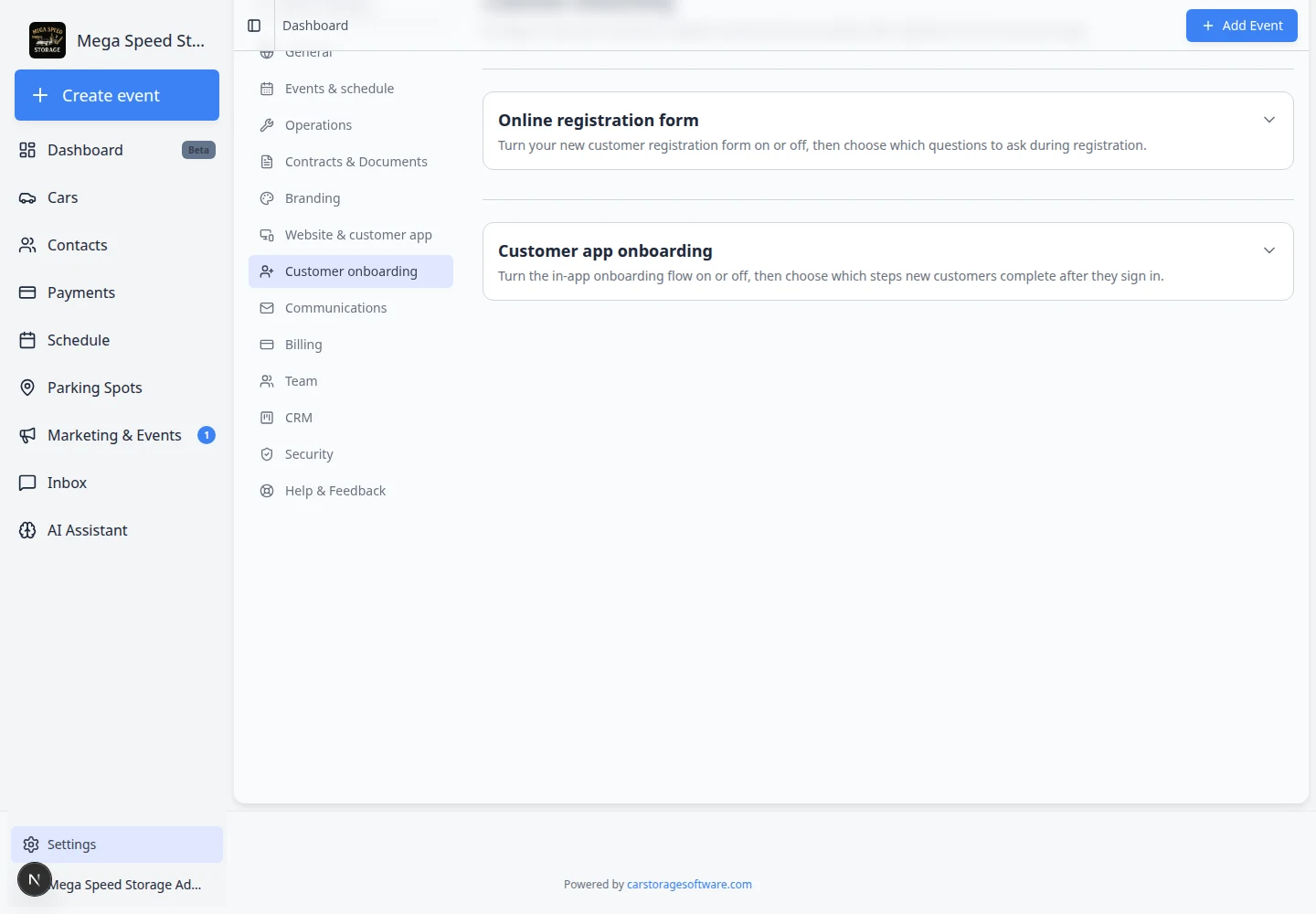 Customer app onboarding section showing draggable steps such as Welcome, Profile, Cars, Contract Signing, and Document Upload with enable toggles
