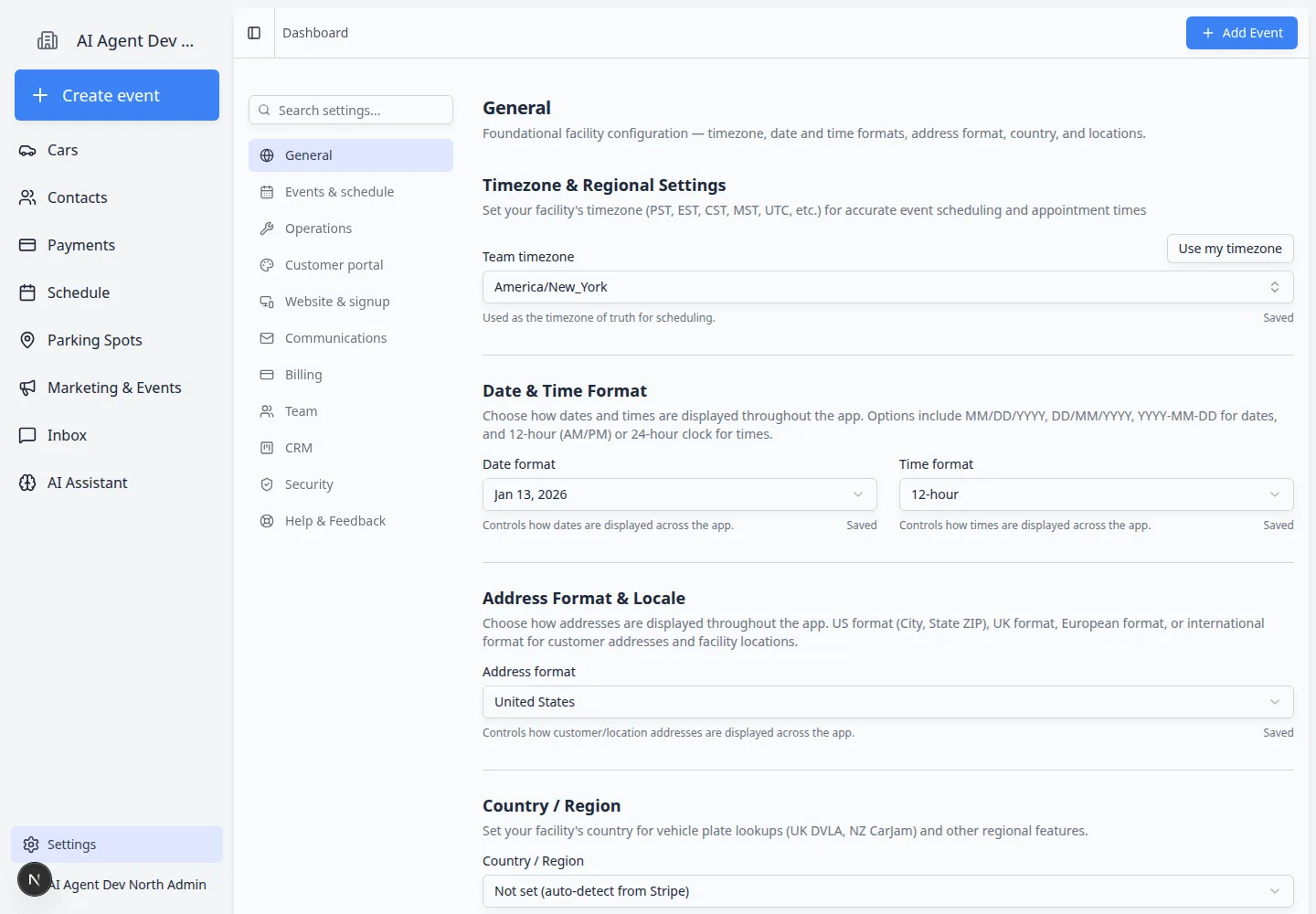 General settings page showing timezone, date and time format, address format, and country sections