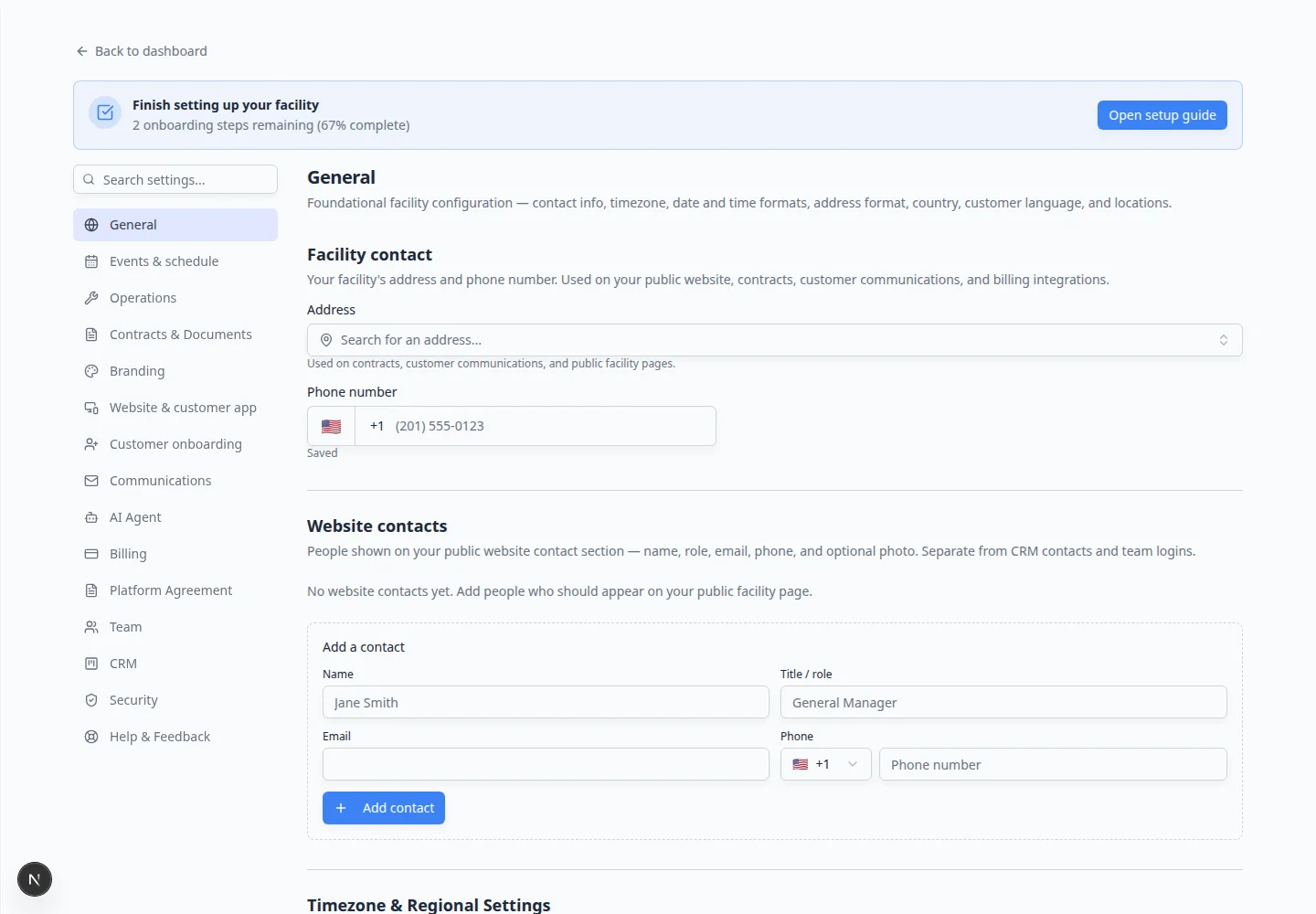 General settings Language section showing English and Spanish options for the customer portal