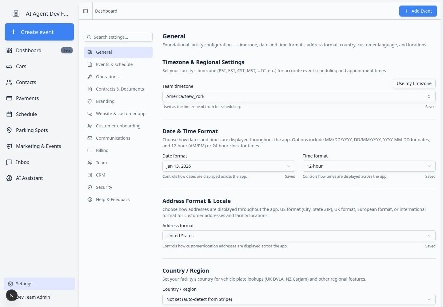 General settings page scrolled to Timezone and Regional Settings with date format and address format sections visible