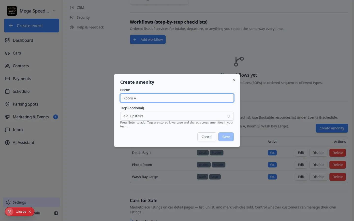 Create amenity dialog with name field and optional tags