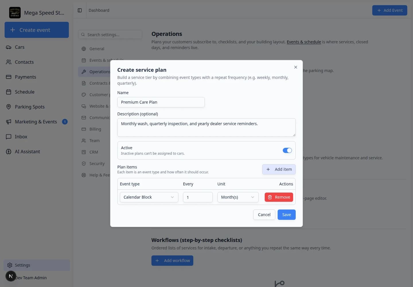 Create service plan dialog showing Premium Care Plan name, description, active switch, and plan items table