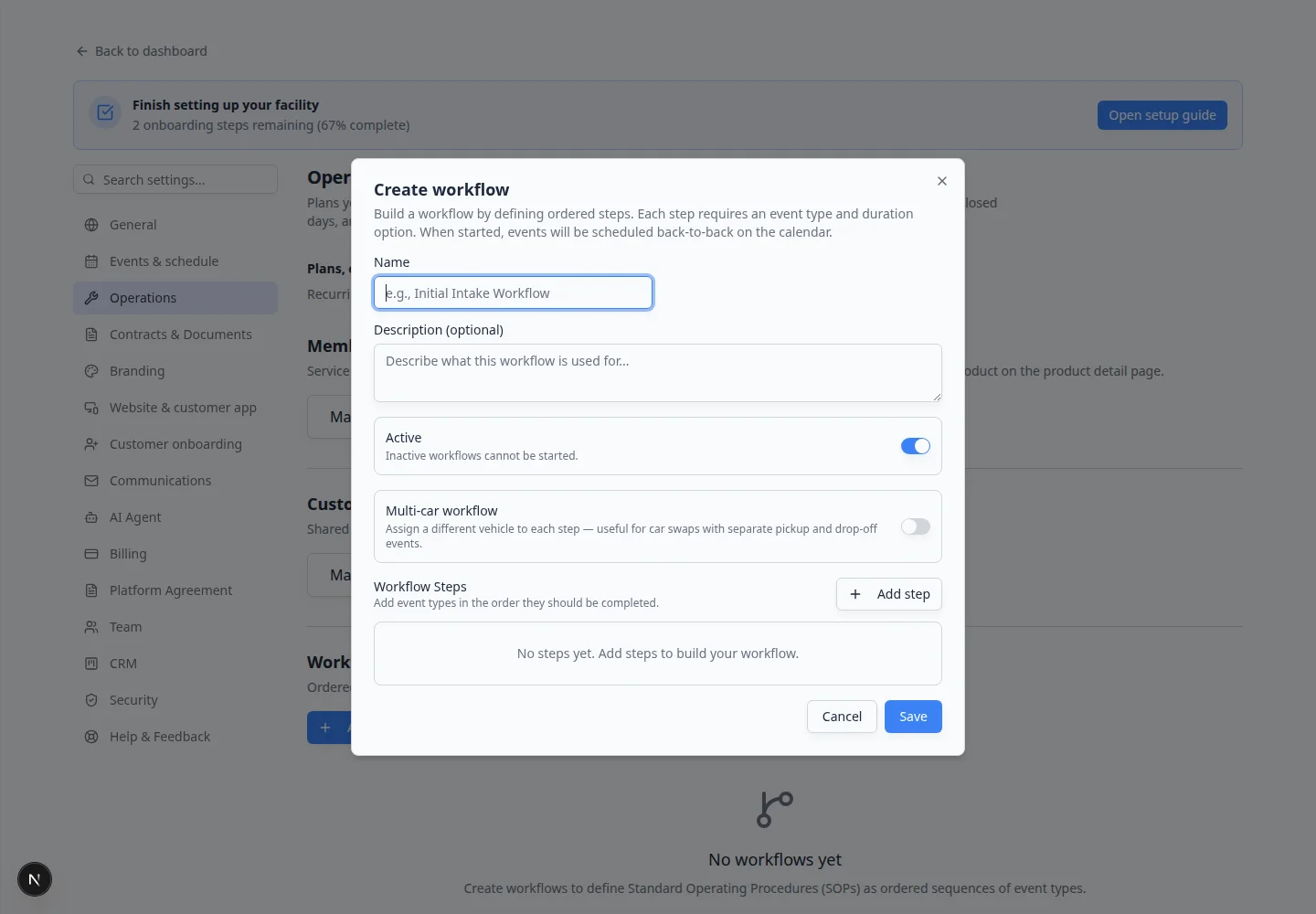 Create workflow dialog open with name field, description, Active switch, and Workflow Steps list
