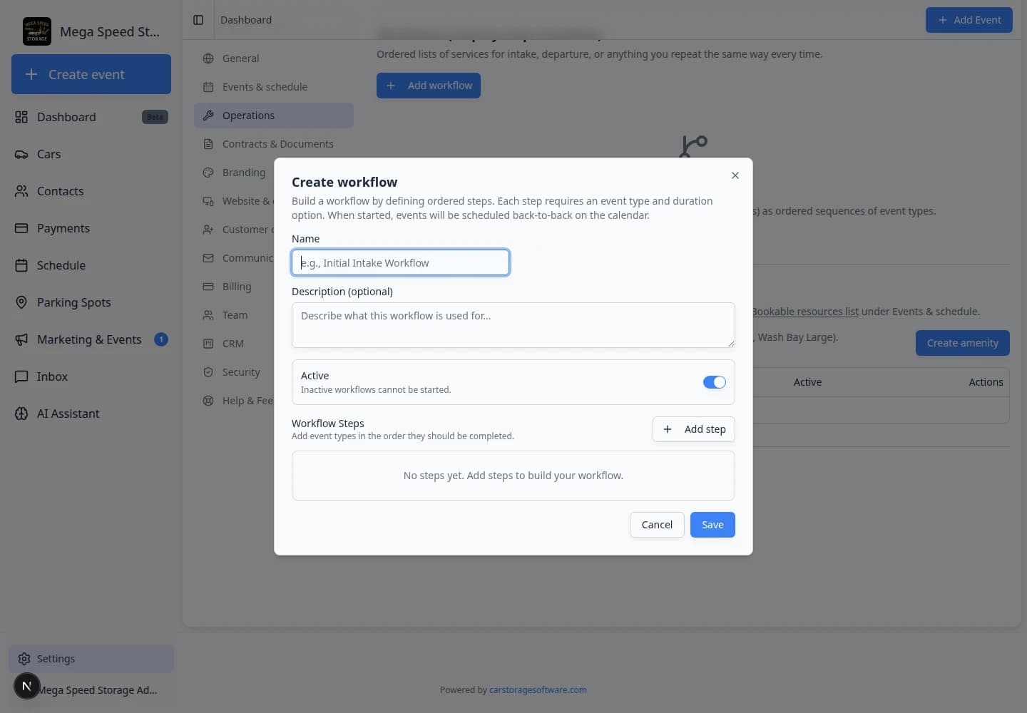 Create workflow dialog open with name field, description, Active switch, and Workflow Steps list