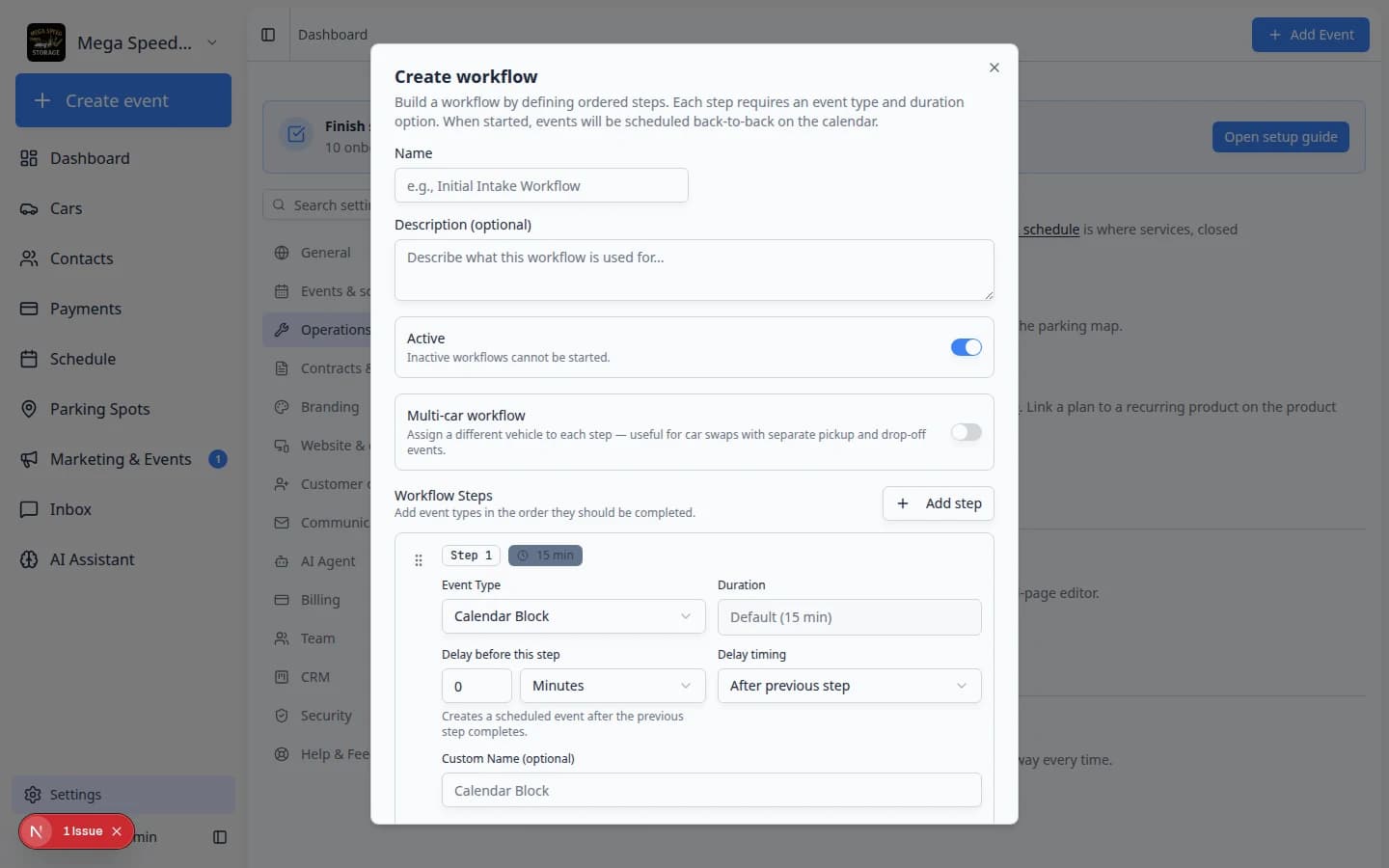 Create workflow window with multiple workflow steps listed, each tied to an event type