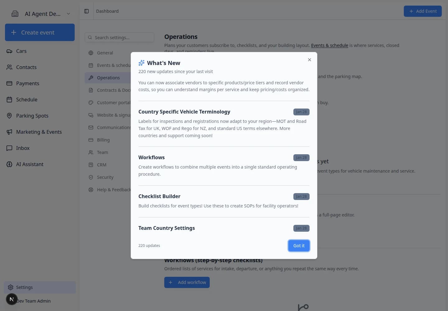 Create workflow window with multiple workflow steps listed, each tied to an event type