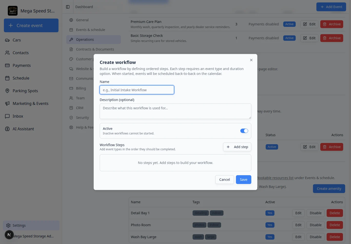 Create workflow window with name, description, active switch, and workflow steps area