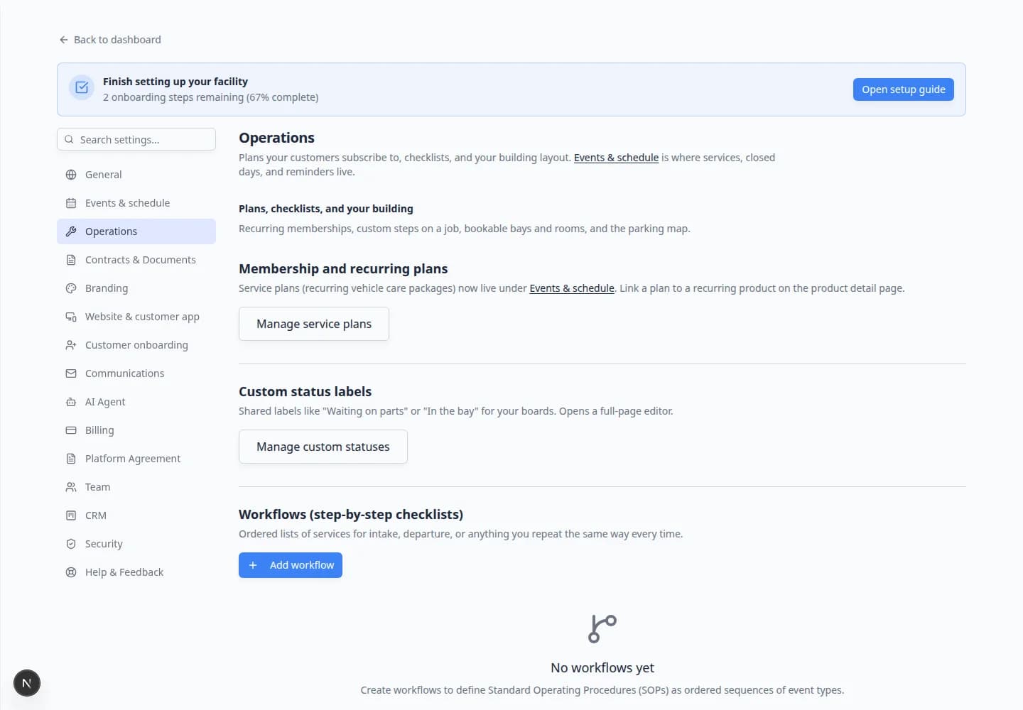 Operations settings page scrolled to Workflows section showing the workflows table and Add workflow button