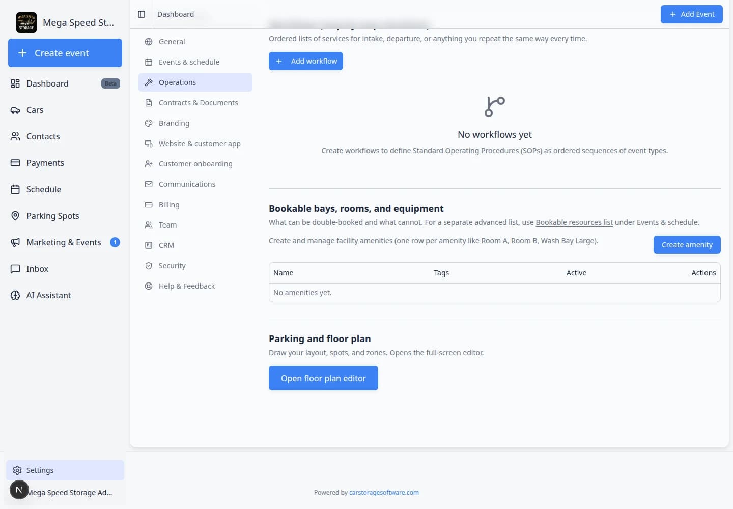 Operations settings showing the Workflows section with Add workflow button