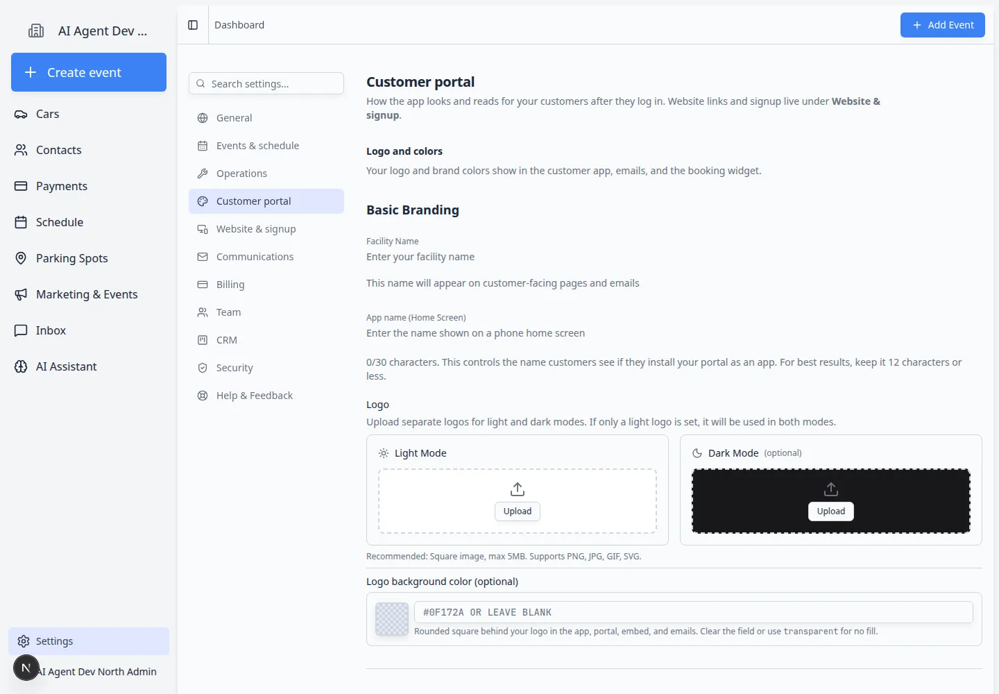 Customer portal settings page showing logo and colors, language, vehicle page sections, damage photo visibility, shop and schedule filters, and customer community