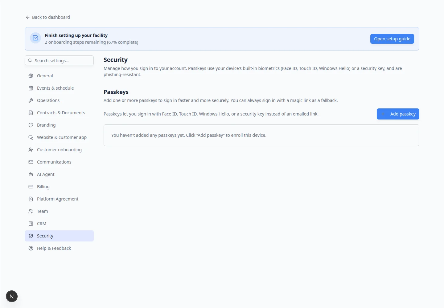 Security settings Passkeys section with Add passkey button highlighted and empty passkey list