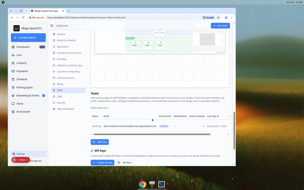 Team settings page showing staff list with Permissions, Notifications, and Actions columns