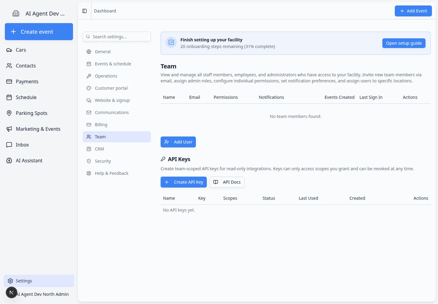 Team settings page showing staff members, permissions, notifications, events created, last sign in, and actions