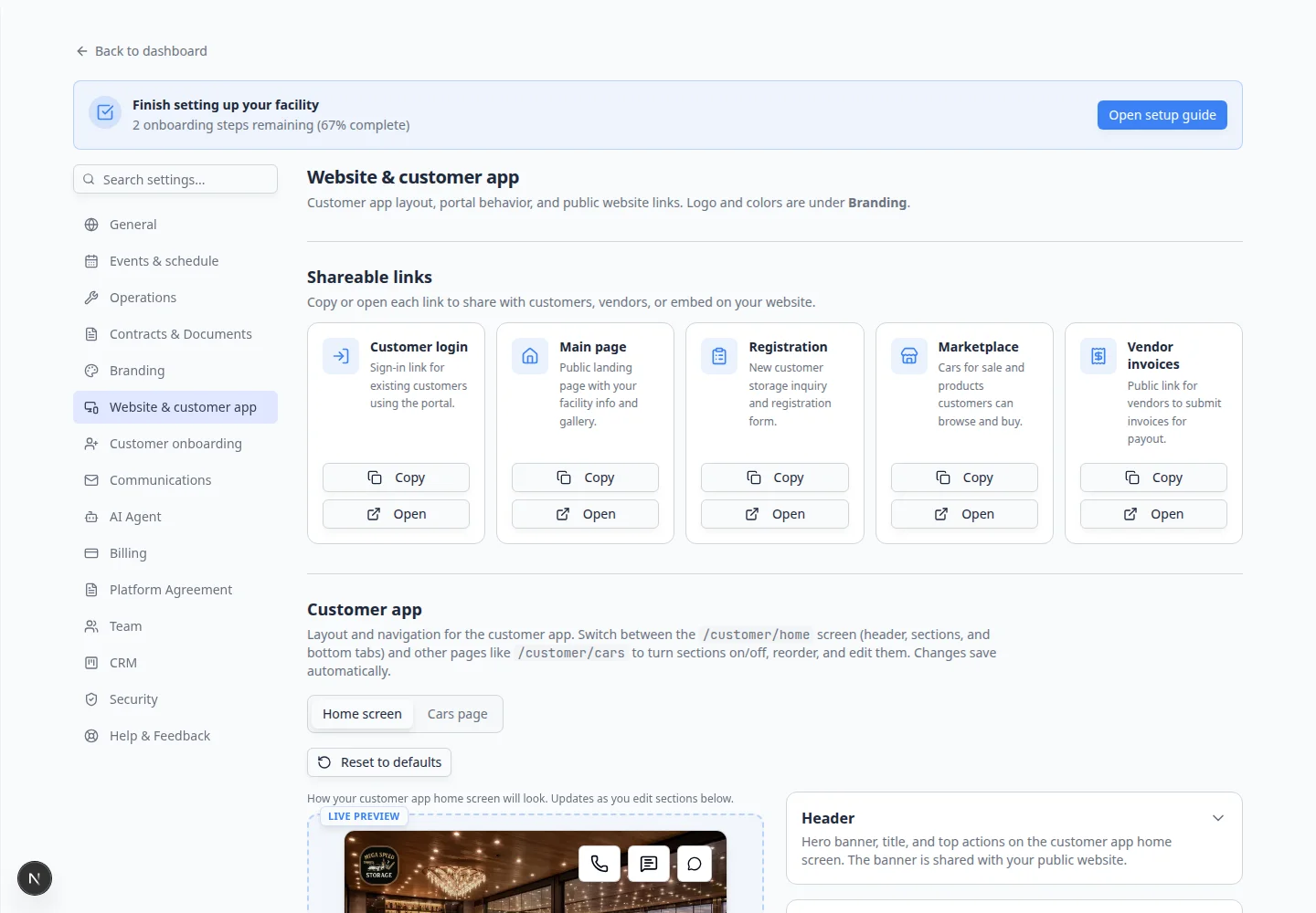 Website and customer app settings scrolled to Bottom navigation showing tab toggles and labels for Events, Cars, Shop, and Settings