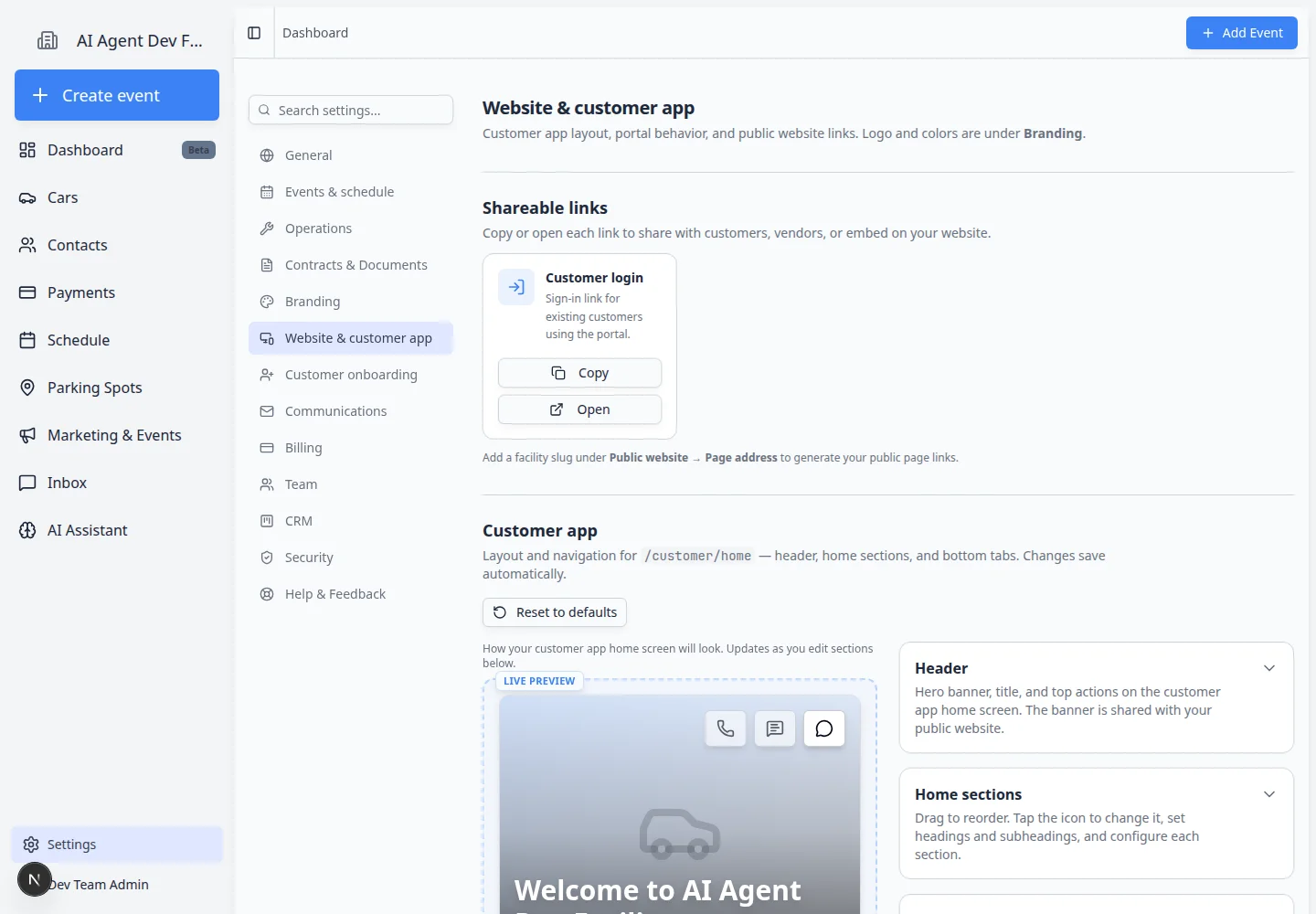 Website and customer app settings page showing customer app home layout, shareable links, booking widget, and public facility page sections