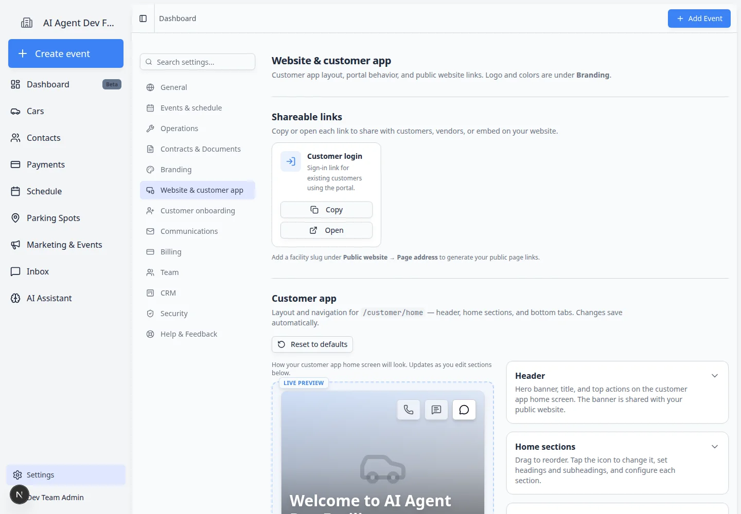 Website and customer app settings showing customer login link copy button and public facility page options
